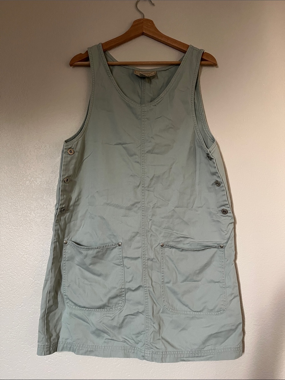 Vintage 90s Express Light Sage Green Sleeveless Pinafore Overall Dress